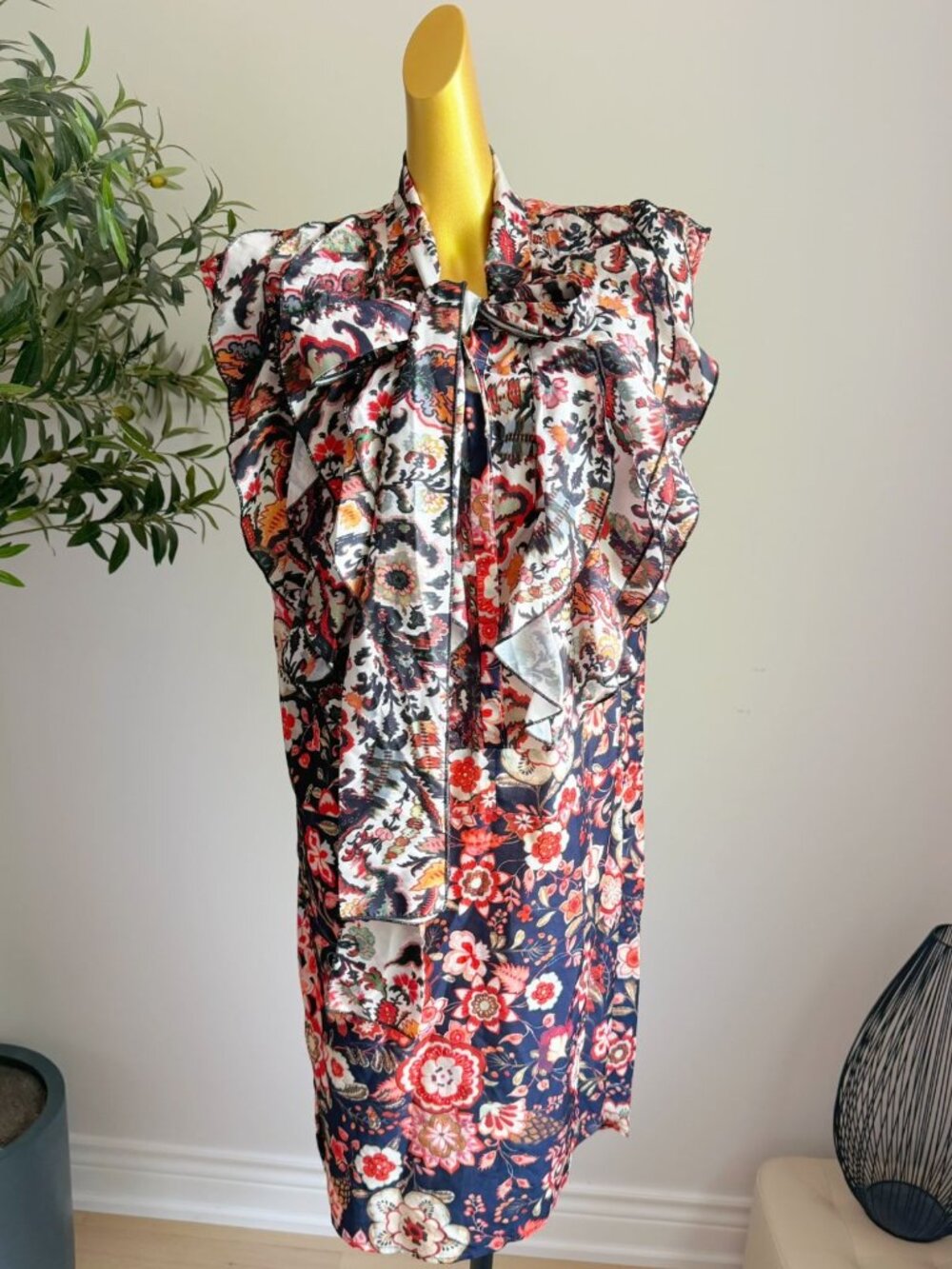 Floral Ruffle Bow Tie High Low Midi Dress Size M